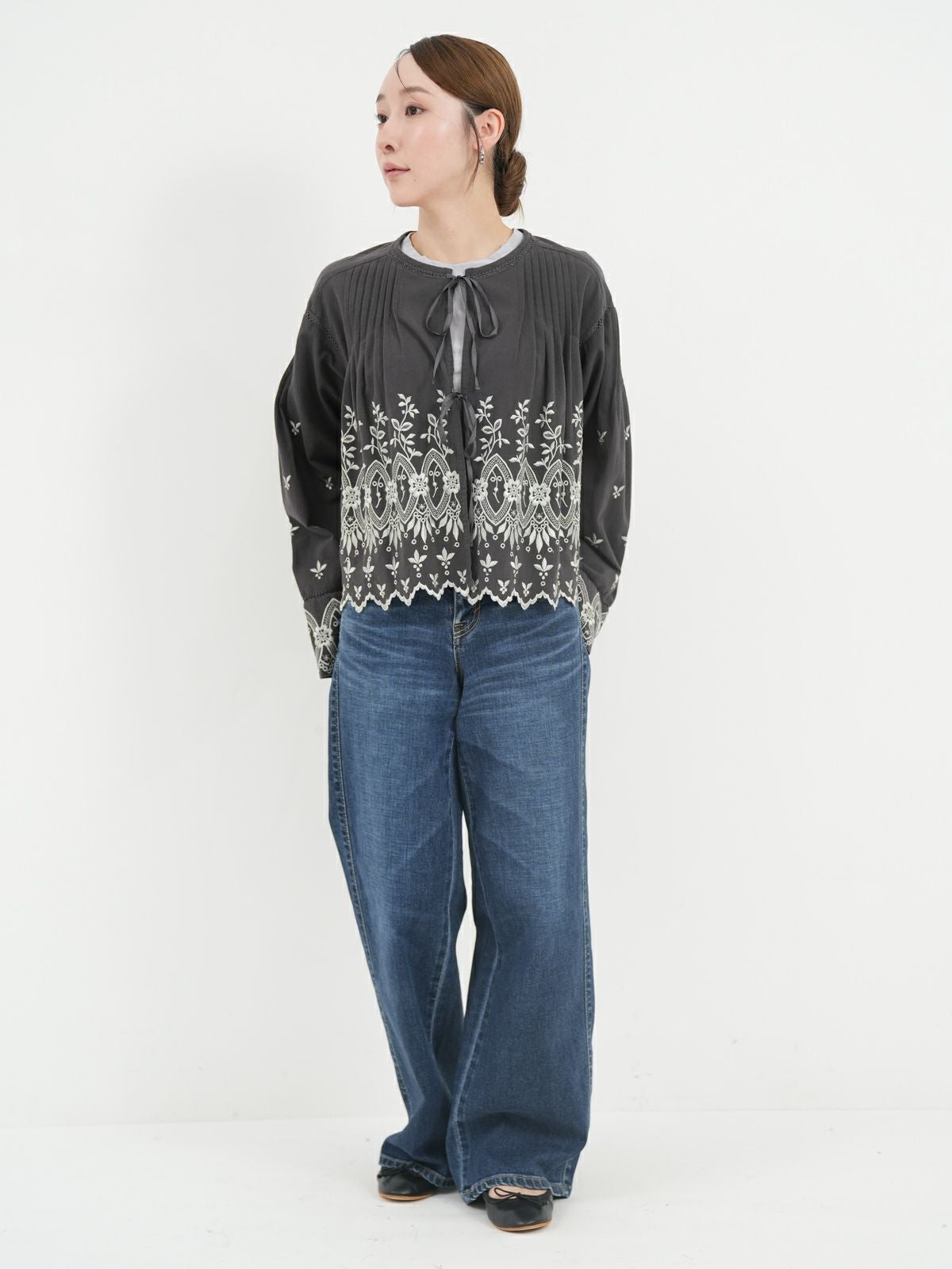 ne Quittez pas / ヌキテパ ] Crimp Cotton Anglaise Embroidery Top