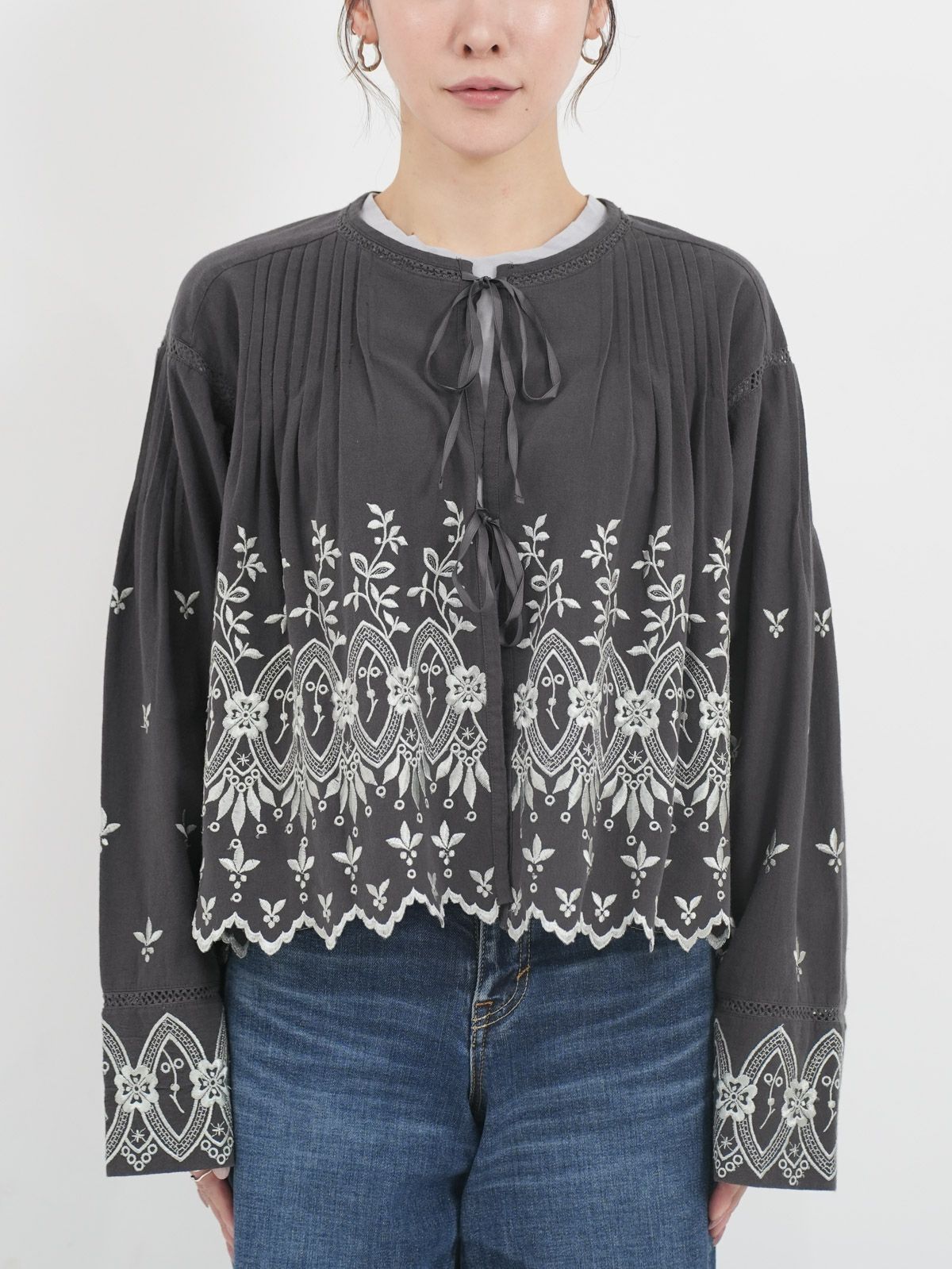 ne Quittez pas / ヌキテパ ] Crimp Cotton Anglaise Embroidery Top